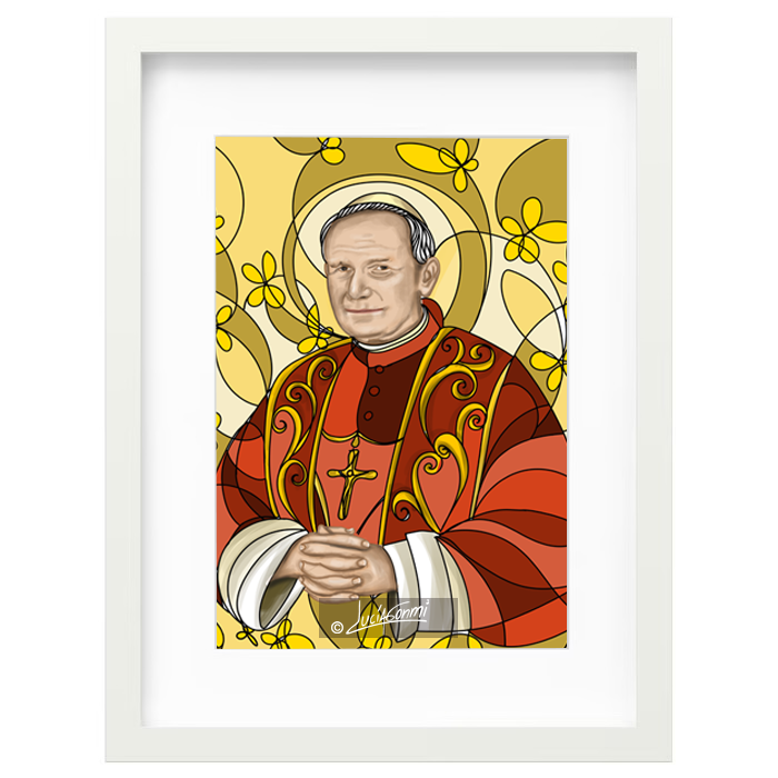 Pope John Paul II framed print | Cuadro Papa Juan Pablo II con marco religioso – Devotional Catholic art by Lucía Gonmi
