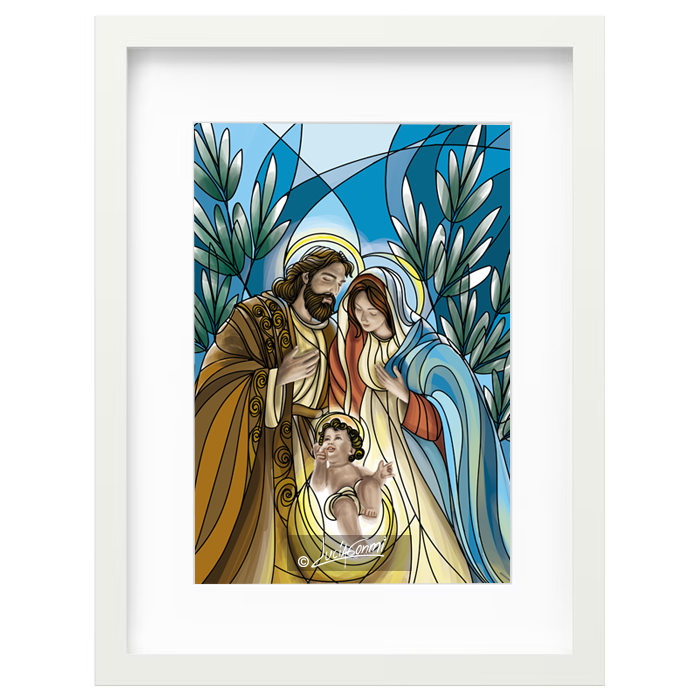Holy Family Nativity Christmas framed print | Cuadro Sagrada Familia Nacimiento Navidad con marco religioso – Devotional Catholic art by Lucía Gonmi