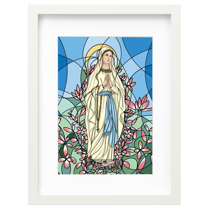 Our Lady of Lourdes framed print | Cuadro Virgen de Lourdes con marco religioso – Devotional Catholic art by Lucía Gonm