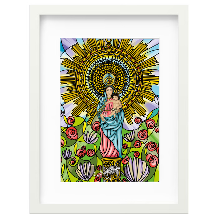 Our Lady of the Pillar framed print | Cuadro Virgen del Pilar con marco religioso – Devotional Catholic art by Lucía Gonmi