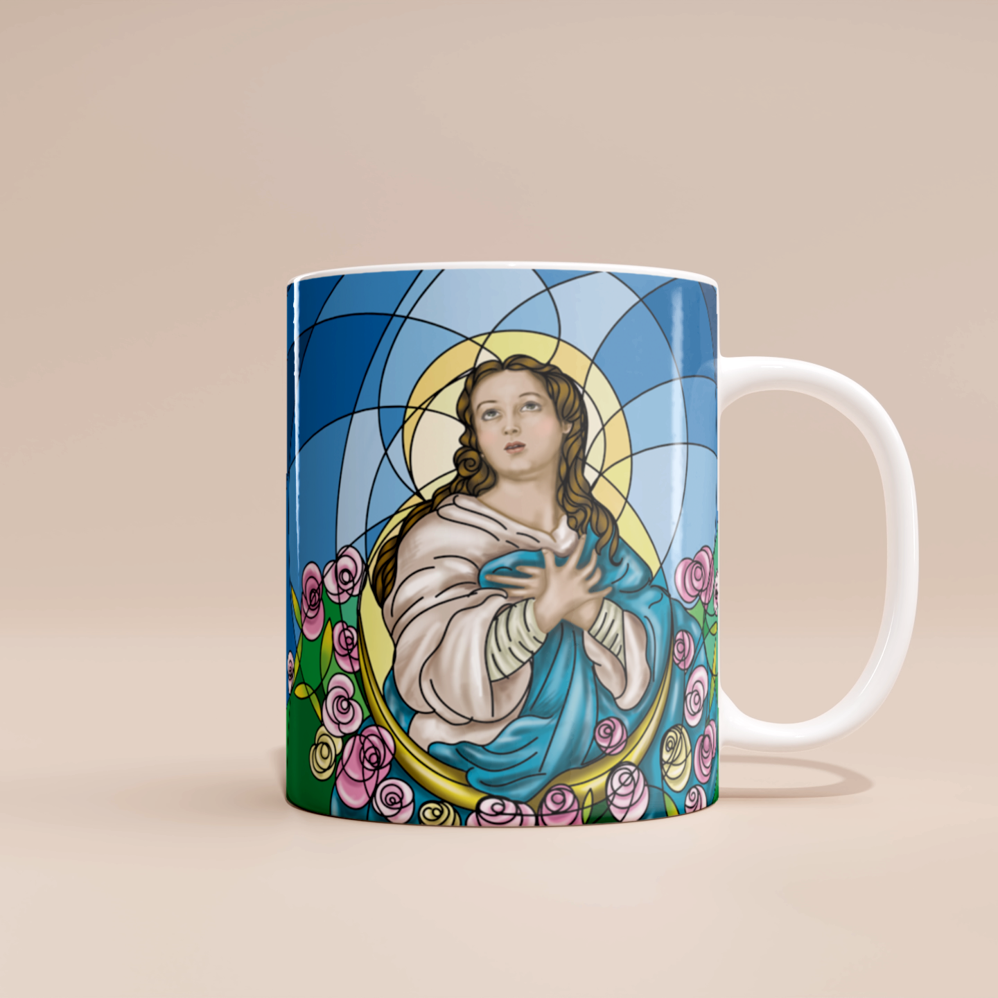 "Immaculate Conception Catholic mug | Taza Inmaculada Concepción religiosa con diseño artístico y devocional"