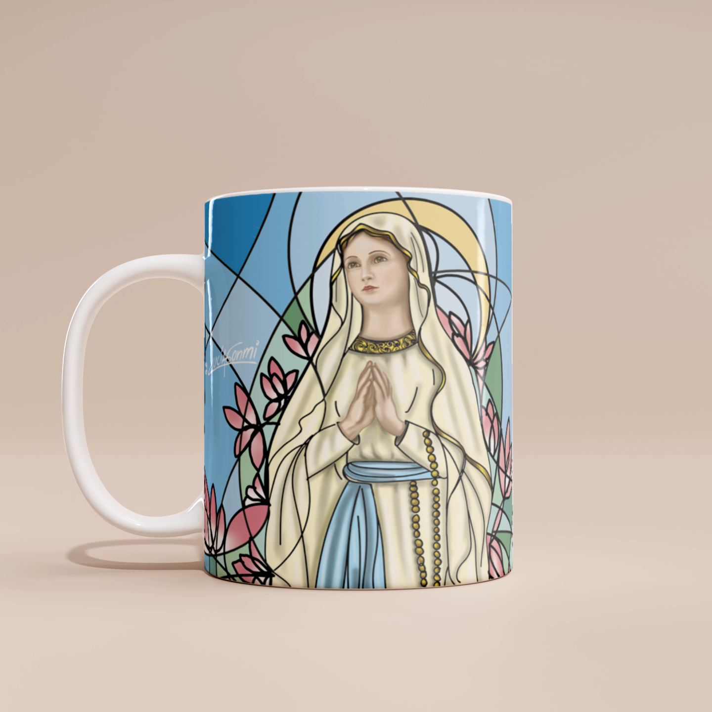 "Our Lady of Lourdes Catholic mug | Taza Virgen de Lourdes religiosa con diseño artístico y devocional"