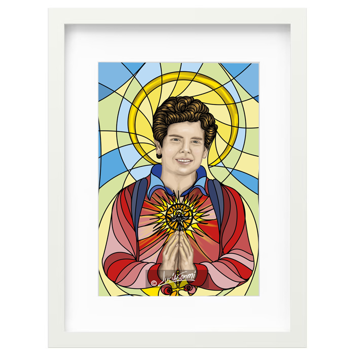 Carlo Acutis framed print | Cuadro Carlo Acutis con marco religioso – Devotional Catholic art by Lucía Gonmi