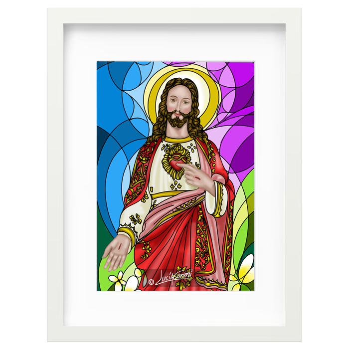 Sacred Heart of Jesus framed print Design 2 | Cuadro Corazón de Jesús con marco religioso – Devotional Catholic art by Lucía Gonmi