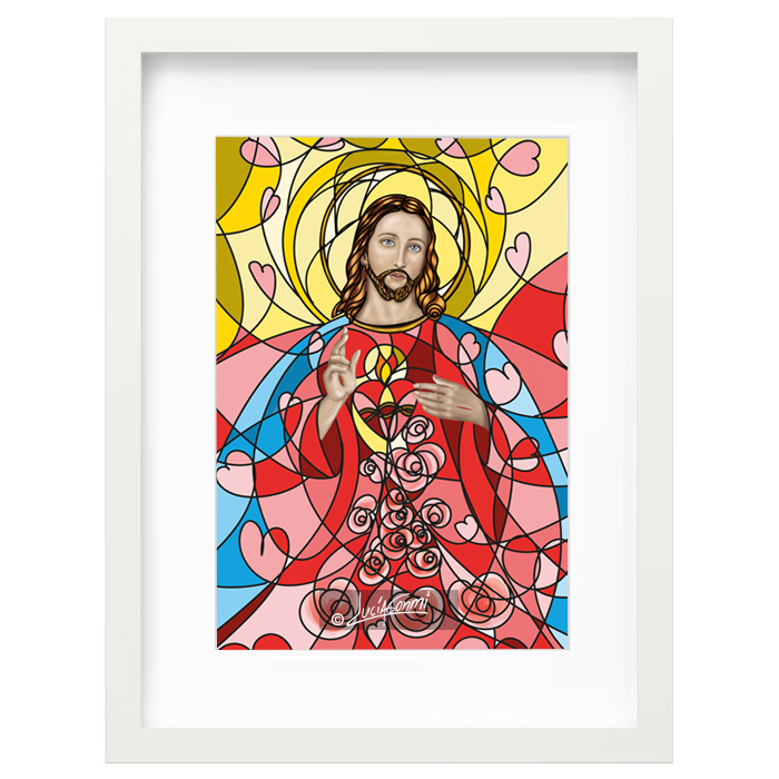 Sacred Heart of Jesus framed print Design 3 | Cuadro Corazón de Jesús con marco religioso – Devotional Catholic art by Lucía Gonmi