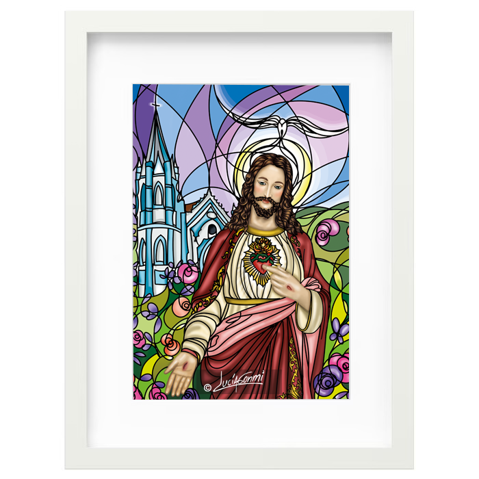 Sacred Heart of Jesus framed print Design 4 | Cuadro Corazón de Jesús con marco religioso – Devotional Catholic art by Lucía Gonmi