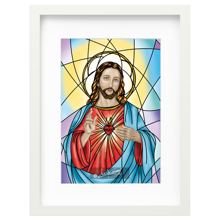 Sacred Heart of Jesus framed print Design 5 | Cuadro Corazón de Jesús con marco religioso – Devotional Catholic art by Lucía Gonmi