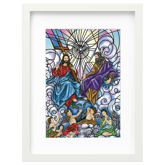 Holy Trinity framed print | Cuadro Santísima Trinidad (Divina Providencia) con marco religioso – Devotional Catholic art by Lucía Gonmi