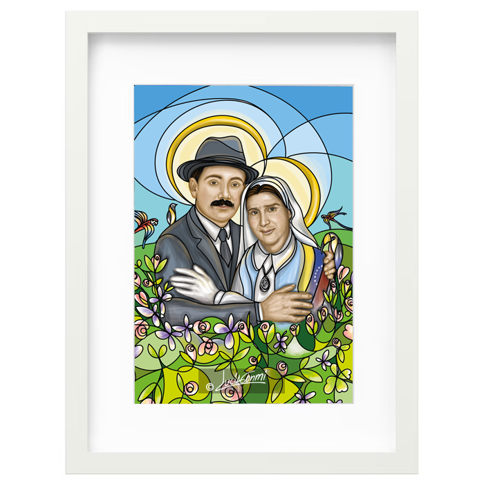 José Gregorio Hernández & Carmen Rendiles framed print | Cuadro José Gregorio y Beata Carmen Rendiles con marco religioso – Devotional Catholic art by Lucía Gonmi