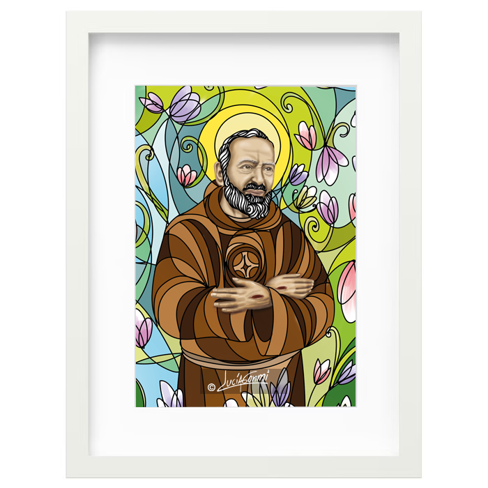 Padre Pio of Pietrelcina framed print | Cuadro San Pío de Pietrelcina con marco religioso – Devotional Catholic art by Lucía Gonmi