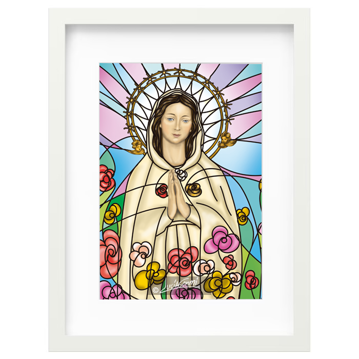 Mystical Rose framed print | Cuadro Virgen Rosa Mística con marco religioso – Devotional Catholic art by Lucía Gonmi
