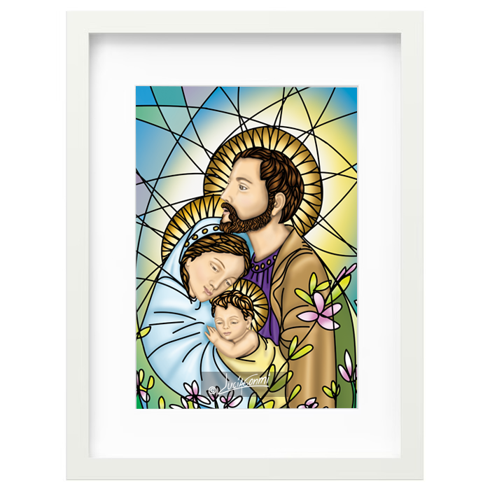 Holy Family Bust framed print | Cuadro Sagrada Familia Busto con marco religioso – Devotional Catholic art by Lucía Gonmi