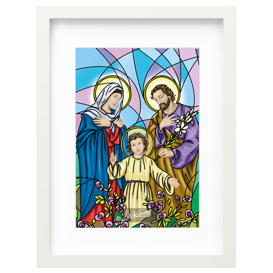 Holy Family Full Body framed print | Cuadro Sagrada Familia Cuerpo Entero con marco religioso – Devotional Catholic art by Lucía Gonmi
