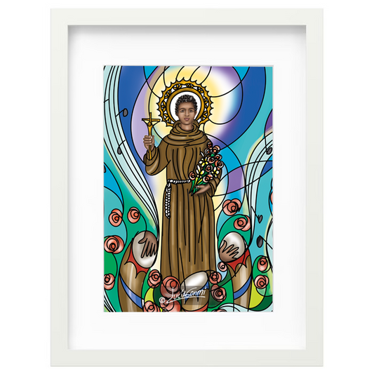 Saint Benedict the Moor framed print | Cuadro San Benito de Palermo con marco religioso – Devotional Catholic art by Lucía Gonmi