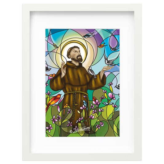 Saint Francis of Assisi framed print | Cuadro San Francisco de Asís con marco religioso – Devotional Catholic art by Lucía Gonmi