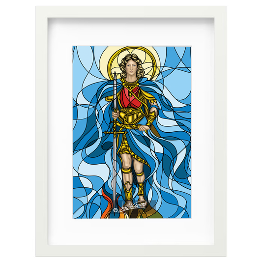 Saint Michael the Archangel framed print | Cuadro San Miguel Arcángel con marco religioso – Devotional Catholic art by Lucía Gonmi