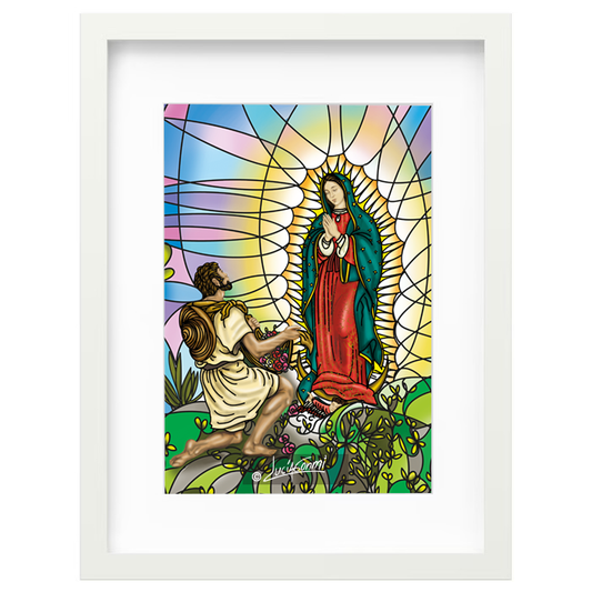 Our Lady of Guadalupe with Juan Diego framed print | Cuadro Virgen de Guadalupe con Juan Diego con marco religioso – Devotional Catholic art by Lucía Gonmi