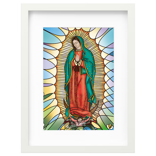 Our Lady of Guadalupe full body framed print | Cuadro Virgen de Guadalupe cuerpo entero con marco religioso – Devotional Catholic art by Lucía Gonmi
