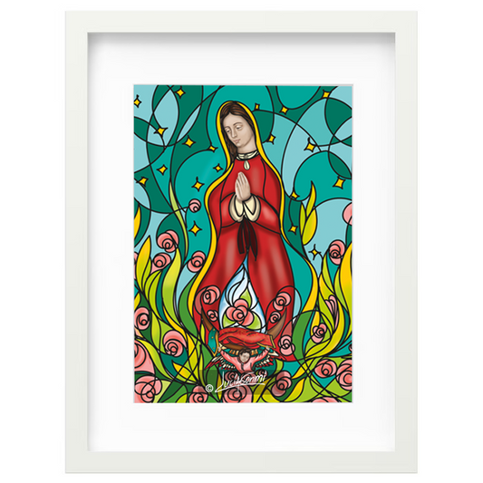 Our Lady of Guadalupe surrealist framed print | Cuadro Virgen de Guadalupe surrealista con marco religioso – Devotional Catholic art by Lucía Gonm