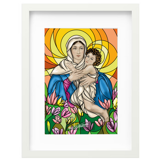 Our Lady of Schoenstatt framed print | Cuadro Nuestra Señora de Schoenstatt con marco religioso – Devotional Catholic art by Lucía Gonmi
