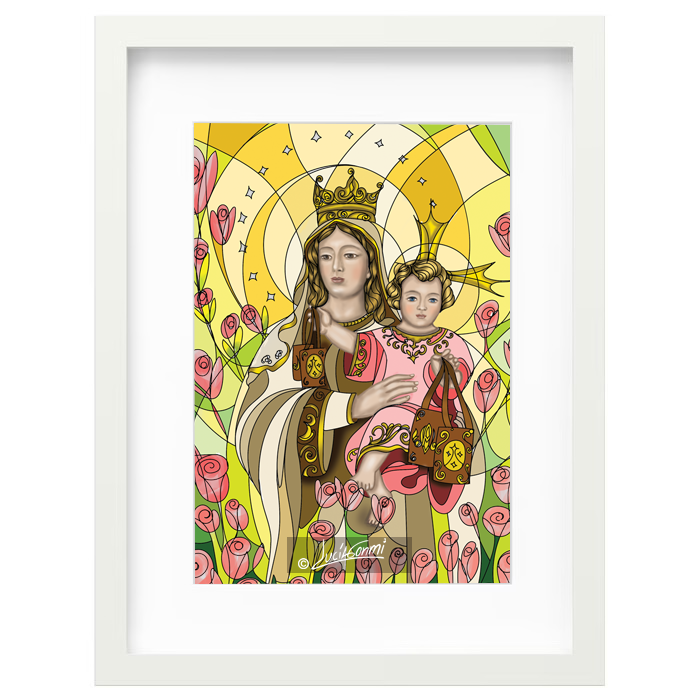 Our Lady of Mount Carmel framed print | Cuadro Virgen del Carmen con marco religioso – Devotional Catholic art by Lucía Gonmi