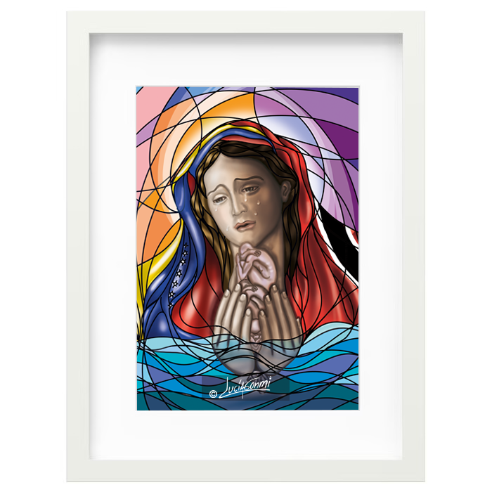 Our Lady of Sorrows framed print | Cuadro Virgen Dolorosa con marco religioso – Devotional Catholic art by Lucía Gonmi