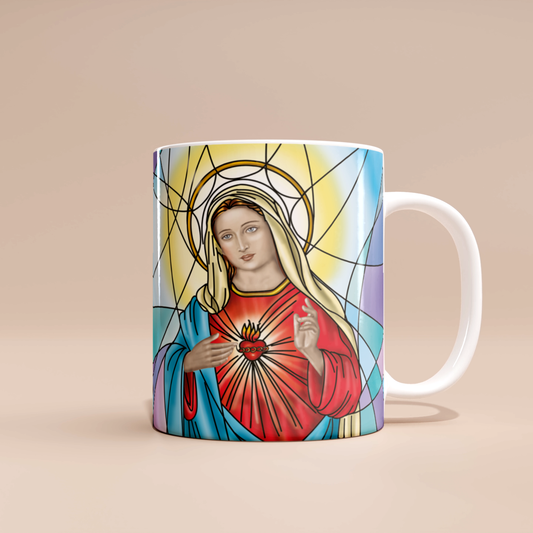 "Immaculate Heart of Mary Catholic mug | Taza Inmaculado Corazón de María religiosa con diseño artístico y devocional"