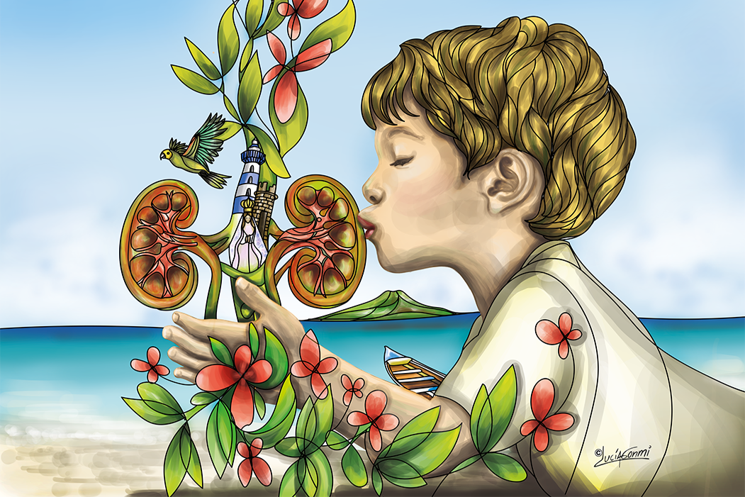 Obra simbólica de Lucía Gonmi para congreso de nefrología pediátrica: niño soplando una planta en forma de riñones con flores y aves, representando salud, esperanza y vida.Symbolic artwork by Lucía Gonmi for pediatric nephrology congress: child blowing on a plant shaped like kidneys with flowers and birds, representing health, hope, and life