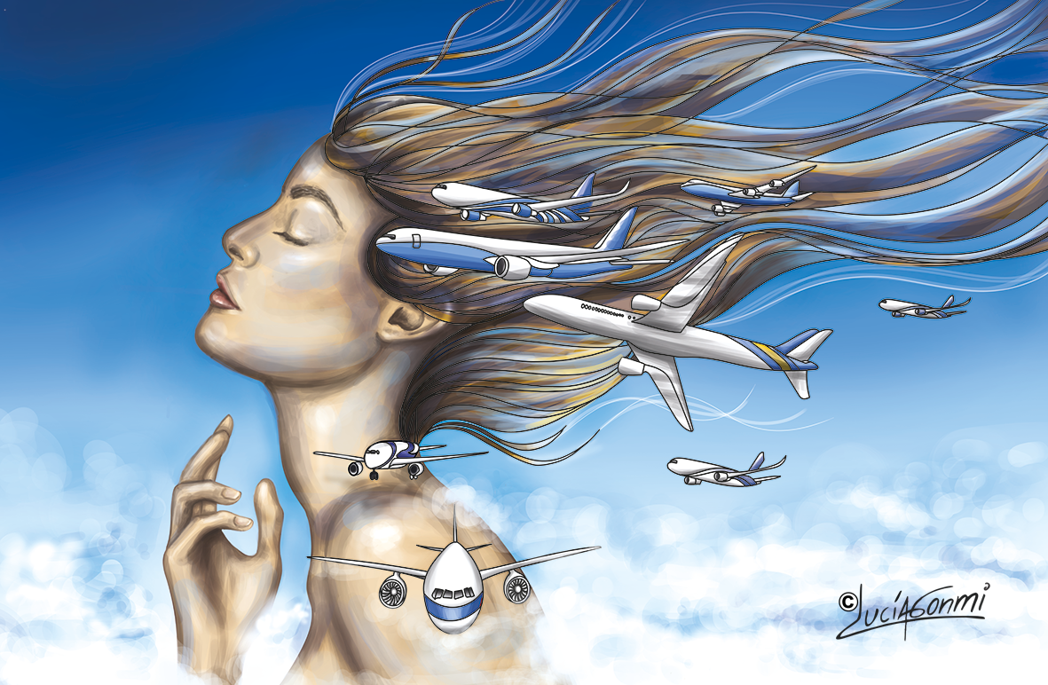 Vuelos – pintura surrealista de Lucía Gonmi, mujer con aviones en el cabello sobre cielo azul, obra artística que simboliza libertad y movimiento. | Flights – surrealist painting by Lucía Gonmi, woman with airplanes in her hair over blue sky, artwork symbolizing freedom and movement.