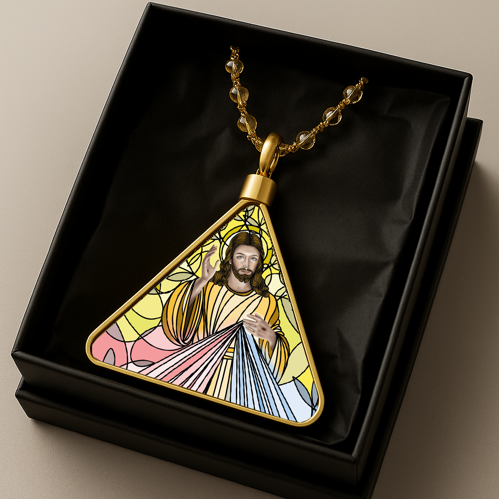 "Divine Mercy silver pendant | Medallón triangular Jesús Misericordia plateado religioso"