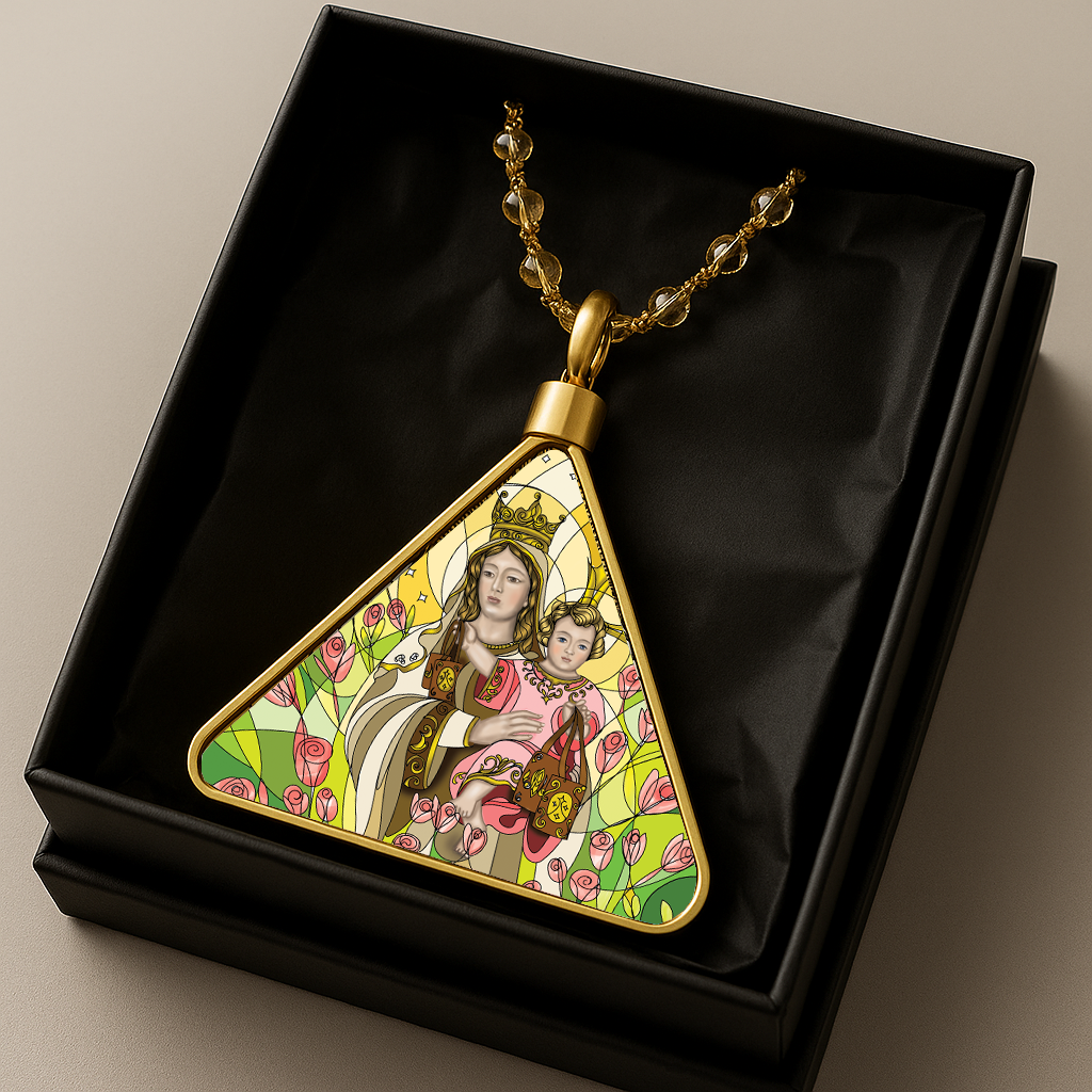 "Our Lady of Mount Carmel silver pendant | Medallón triangular Virgen del Carmen plateado católico"