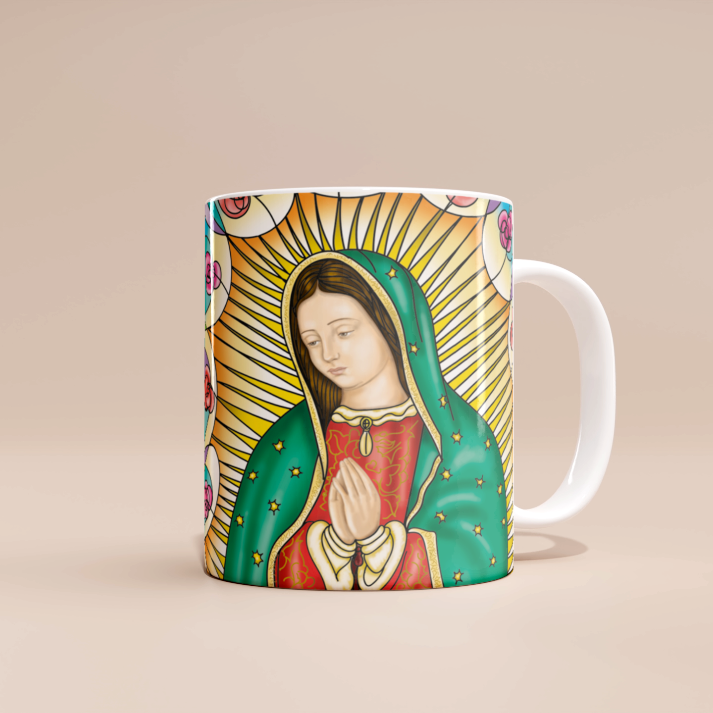 "Our Lady of Guadalupe Catholic mug | Taza Virgen de Guadalupe religiosa con diseño artístico y devocional"