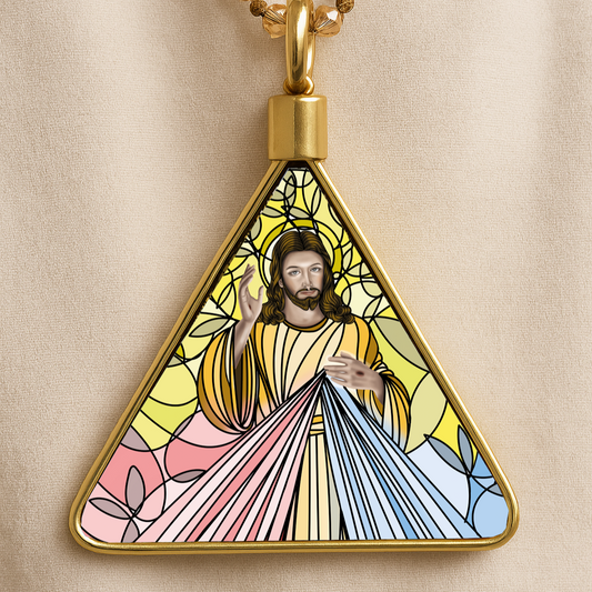 "Divine Mercy Catholic triangular pendant | Medallón triangular Jesús de la Misericordia religioso en acero inoxidable, gold & silver"