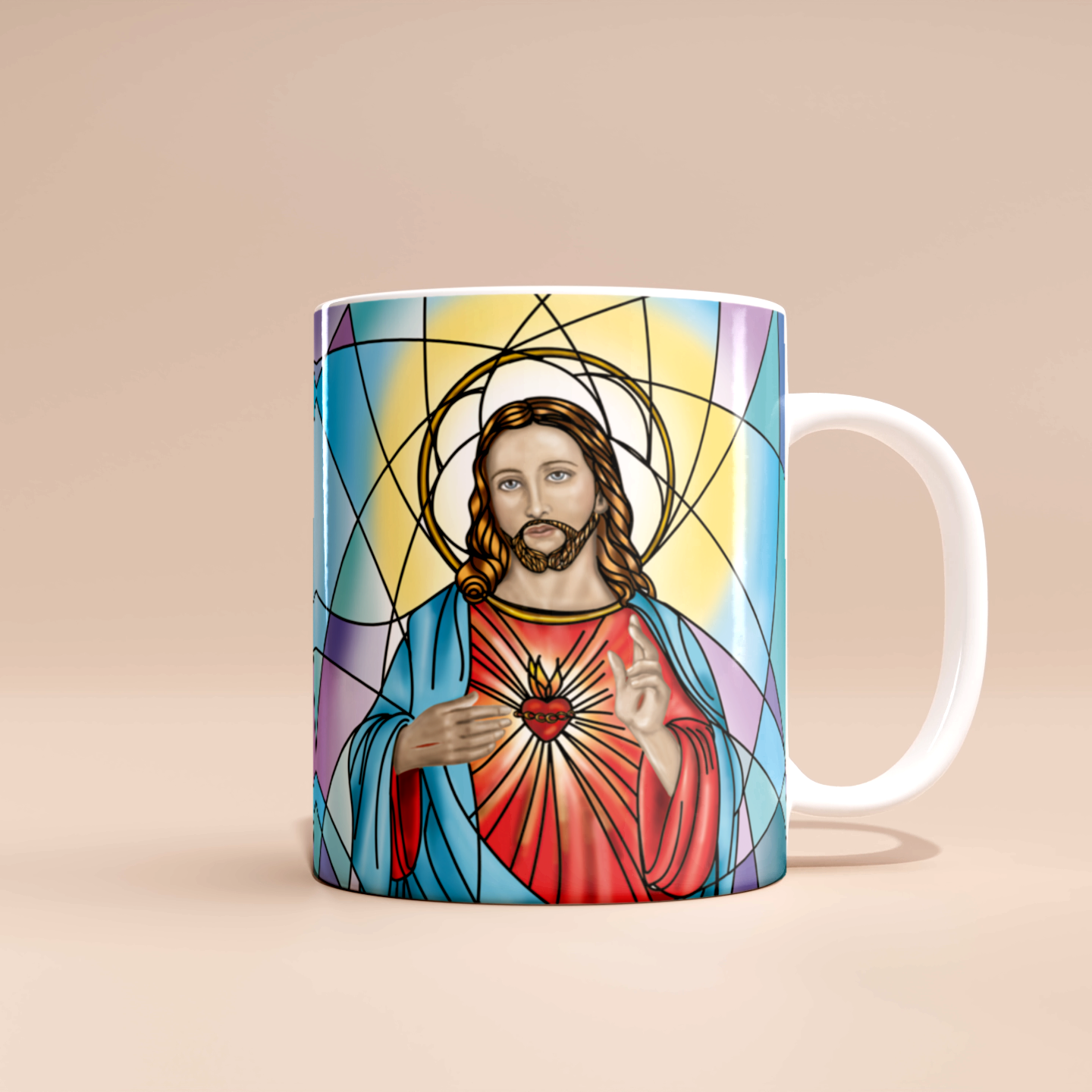 "Sacred Heart of Jesus Catholic mug | Taza Sagrado Corazón de Jesús religiosa con diseño artístico y devocional"