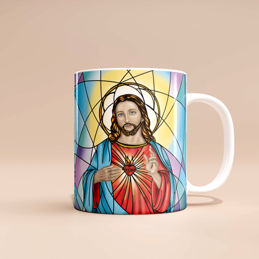 "Sacred Heart of Jesus Catholic mug | Taza Sagrado Corazón de Jesús religiosa con diseño artístico y devocional"