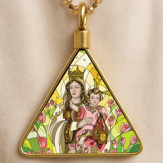 "Our Lady of Mount Carmel Catholic triangular pendant | Medallón triangular Virgen del Carmen en acero inoxidable, gold & silver"