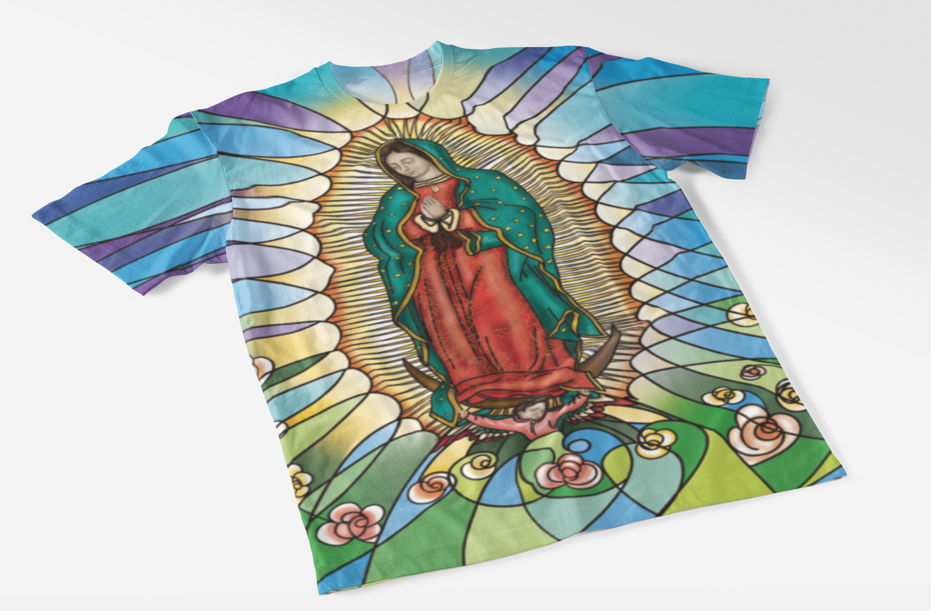 Virgin of Guadalupe Complete T-Shirt product photo | Franela Virgen de Guadalupe Completa unisex XS-3XL – Catholic devotional apparel by Lucía Gonmi