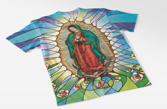Virgin of Guadalupe Complete T-Shirt product photo | Franela Virgen de Guadalupe Completa unisex XS-3XL – Catholic devotional apparel by Lucía Gonmi