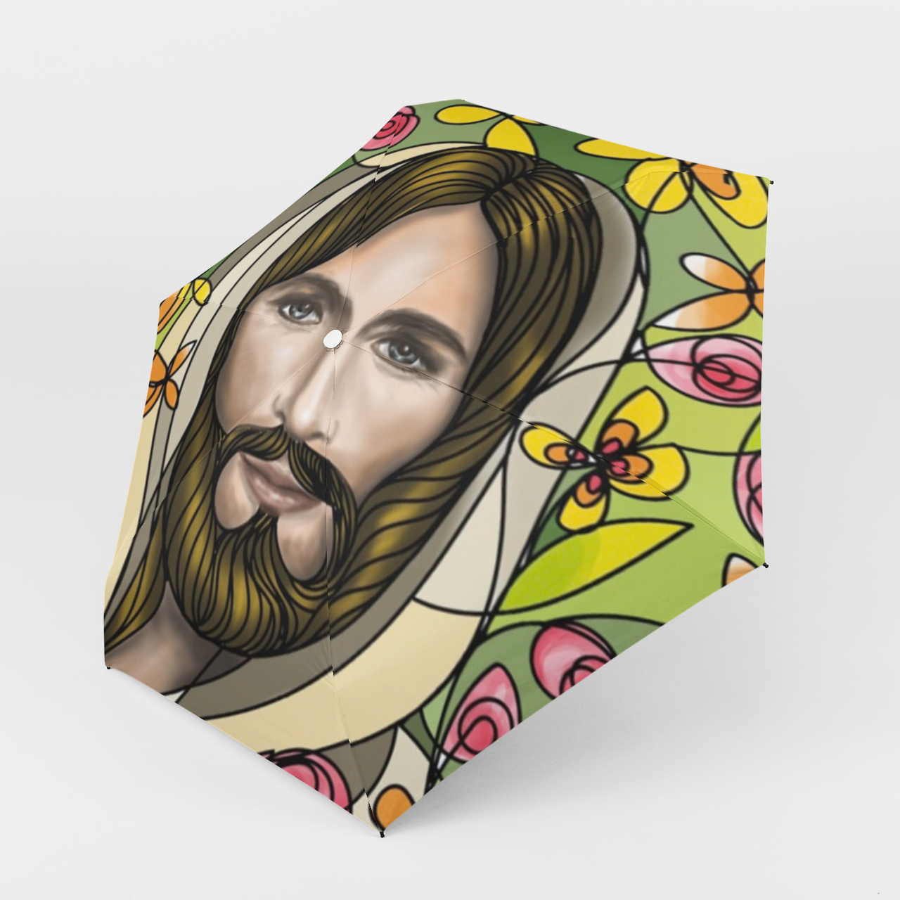 “Paraguas Jesús de Emaús abierto – umbrella Jesus of Emmaus artistic religious design, devotional parasol”