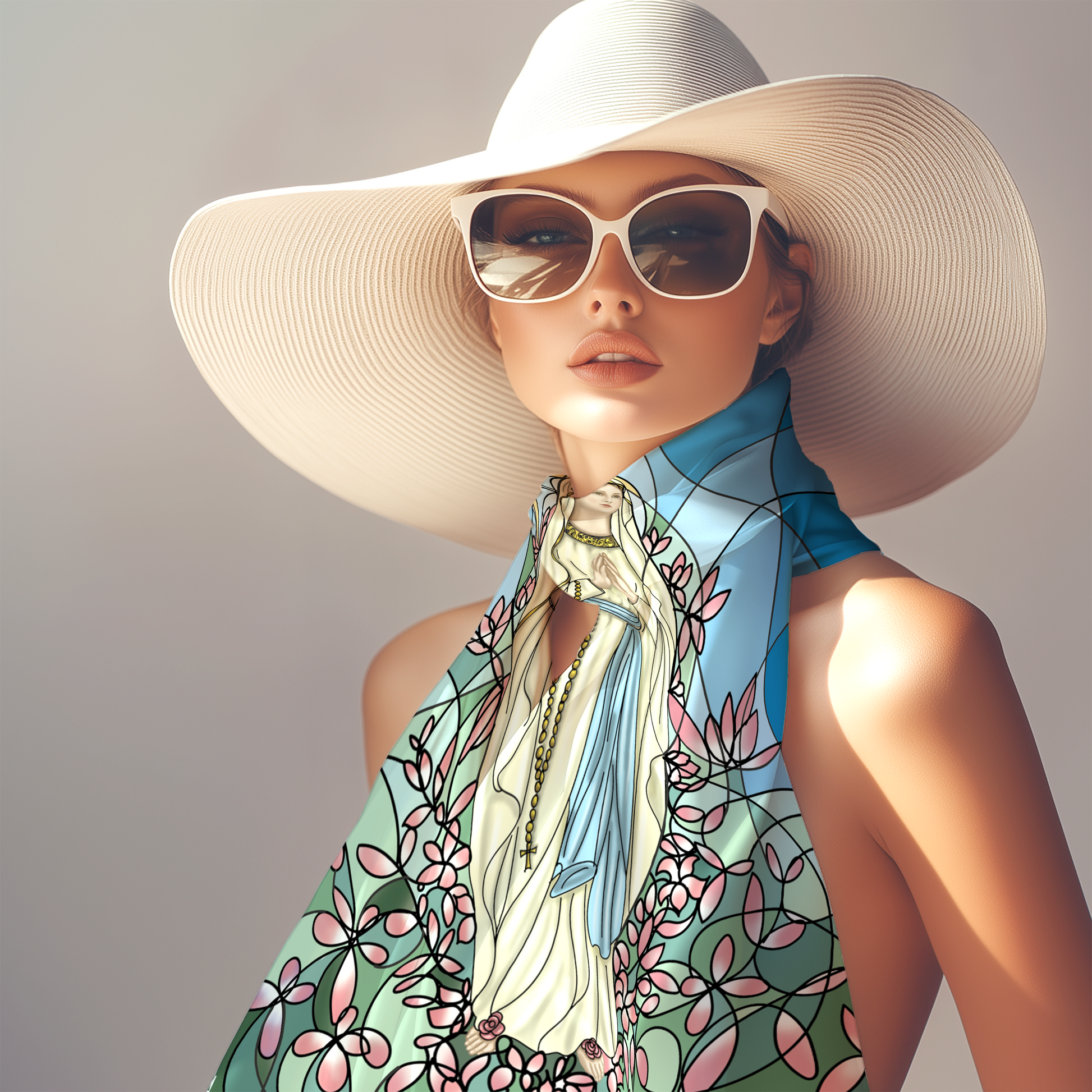 "Our Lady of Lourdes Catholic scarf | Bufanda Virgen de Lourdes religiosa con diseño artístico y devocional"