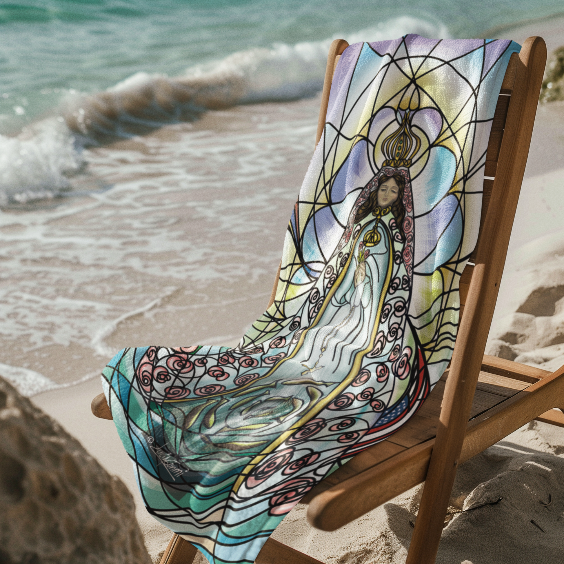 "Detail of Our Lady of the Valley sacred art towel | Detalle de toalla Virgen del Valle católica con ilustración devocional"