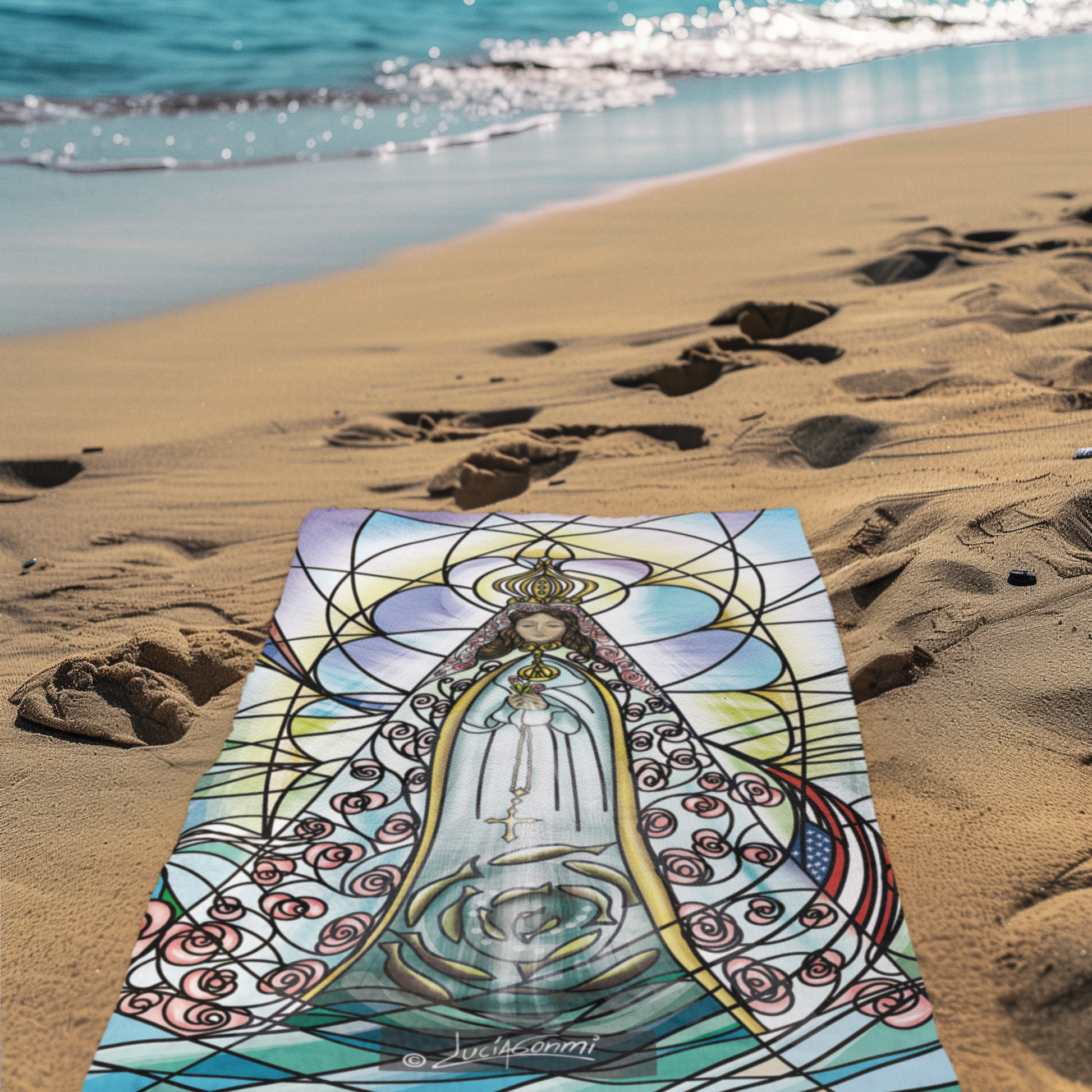 "Our Lady of the Valley Catholic towel | Toalla Virgen del Valle religiosa completa con arte sagrado devocional"