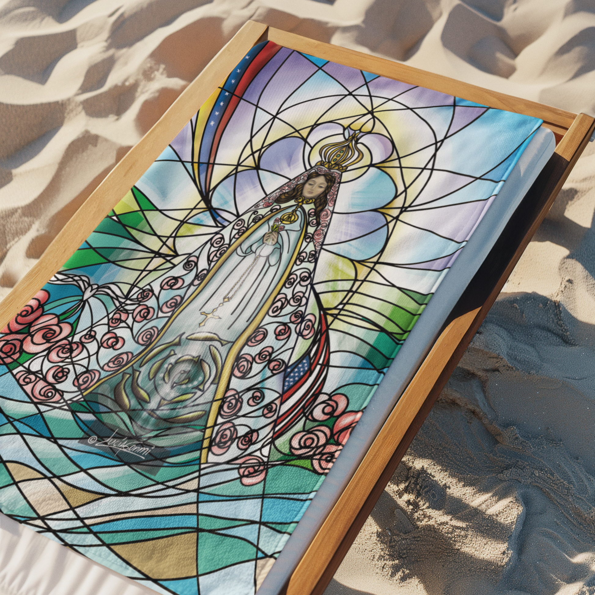 "Our Lady of the Valley religious towel for home or beach | Toalla Virgen del Valle devocional para el hogar o la playa"
